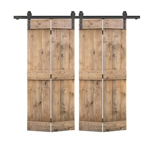 Mid-Bar Pre Assembled 48 in. x 84 in. Solid Core Light Brown Wood Double Bi-Fold Barn Doors with Sliding Hardware Kit