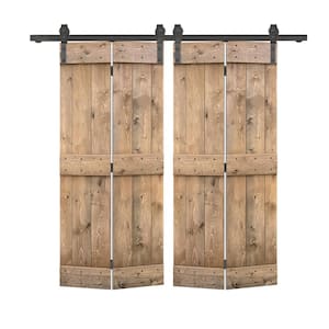 52 in. x 84 in. Mid-Bar Solid Core Light Brown Stained DIY Wood Double Bi-Fold Barn Doors with Sliding Hardware Kit