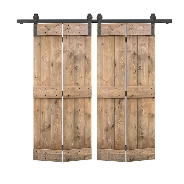 CALHOME Mid-Bar Pre Assembled 72 in. x 84 in. Solid Core Light Brown Wood Double Bi-Fold Barn Doors with Sliding Hardware Kit