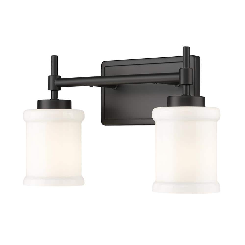 Cadoc 15 in. 2-Light Matte Black Vanity-Light with Gloss Opal Glass Shade