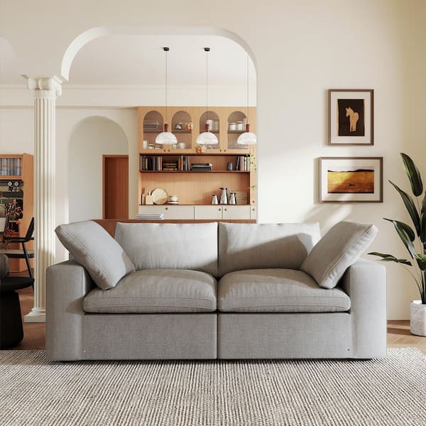 Deep Lovesofa 79 in. Square Arm Linen 2-Piece Down Filled Cloud Modular Sectional Sofa Couch with Covers in Gray