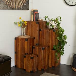 Brown Wood Pillar Style Pedestal Table with Metal Corner Brackets (Set of 5)