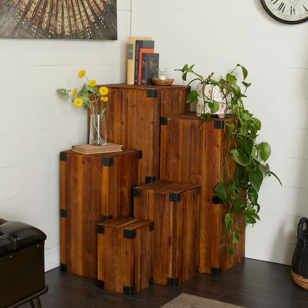 Litton Lane Brown Wood Pillar Style Pedestal Table with Metal Corner Brackets (Set of 5)