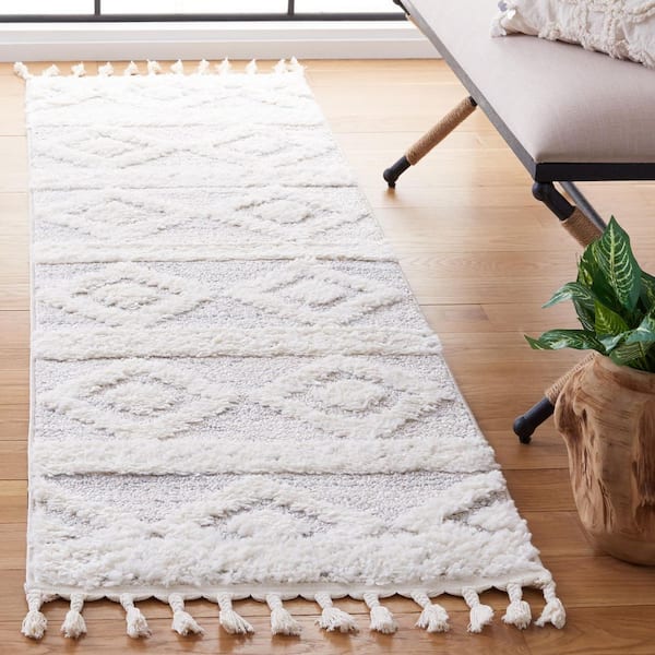 Moroccan Tassel Shag 2 ft. x 14 ft. Ivory/Beige Geometric Fringe Runner Rug