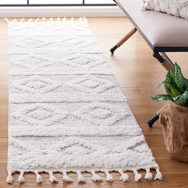 Moroccan Tassel Shag 2 ft. x 6 ft. Ivory/Beige Geometric Fringe Runner Rug
