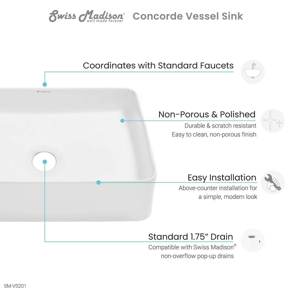 Glossy White Ceramic Rectangular Above-Counter Vessel Sink