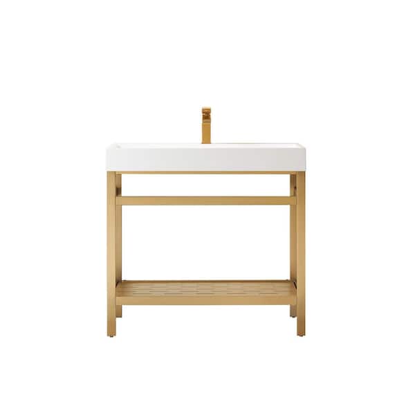 ROSWELL Soria 36 in. W x 18 in. D x 34 in. H Bath Vanity in Brushed Gold with White Composite Stone Top