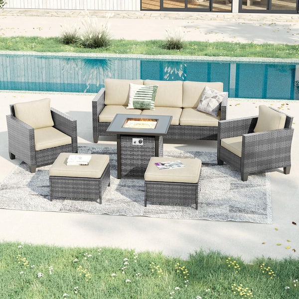 JOYESERY 6-Piecess Patio Conversation Set with Square Fire Pit Table, Gray Wicker Wide Armrests Sofa with Beige Cushion