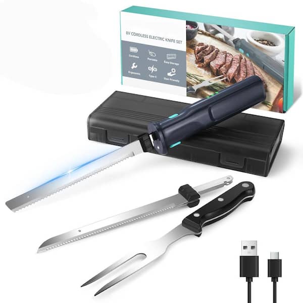 8 in. Stainless Steel Cordless Electric Knife Set, Rechargeable Meat Cutter with Reciprocating Safety Lock