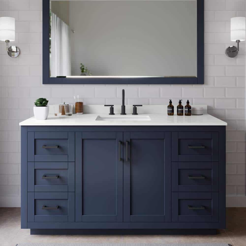 Miranda 60 in. W x 22 in. D x 33.75 in. H Single Bath Vanity in Dark Blue with White Quartz Top and 58 in. Mirror price history on PriceWatchPro
