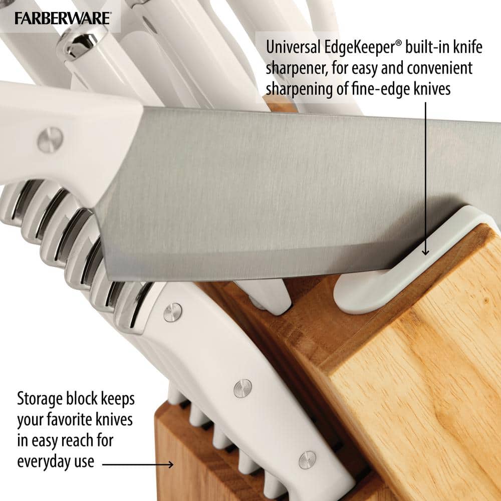 14-Piece White Knife Block Set with Built-In Sharpener