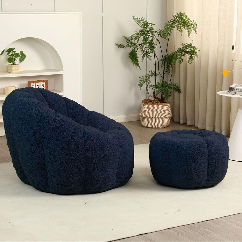 Dark Blue Faux Fur Teddy Bean Bag Chair with Pumpkin Ottoman and Armrests