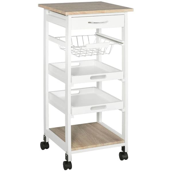 Mobile Kitchen Cart, Rolling Kitchen Island with Storage, Solid Wood Frame Utility Cart with Wire Fruit Baskets, White