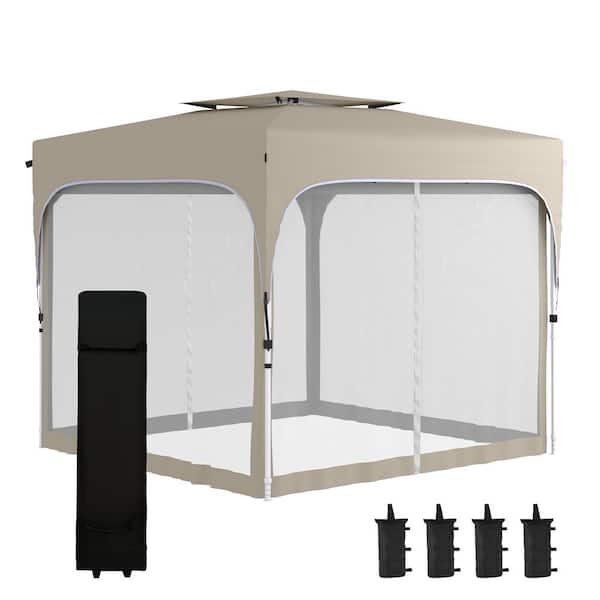Outsunny 10 ft. x 10 ft. Pop Up Gazebo, Khaki Foldable Canopy Tent with Carrying Bag with Mesh Sidewalls, 4 Leg Weight Bags