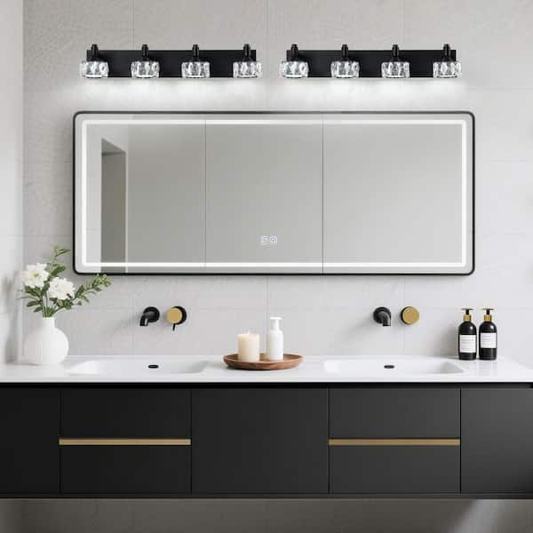 28 in. 4-Light Matte Black Modern LED Vanity Light with Prismatic Crystal Glass Shade, Dimmable for Bathroom Makeup