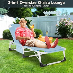 Metal Chaise Lounge Chairs for Outside Tanning Chair with Face Hole, Pillow, Side Pocket and Blue Mattress