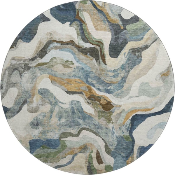 Mayfield Premium Machine Washable Abstract AMF2162 Denim 8 ft. x 8 ft. Round Rug
