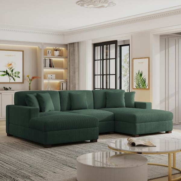 118 in. Square Arm 3-Piece Corduroy Upholstered U-Shaped Sectional Sofa in Hunter Green