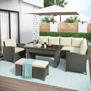 Gray 6-Piece Wicker Outdoor Sectional Set with Beige Cushions