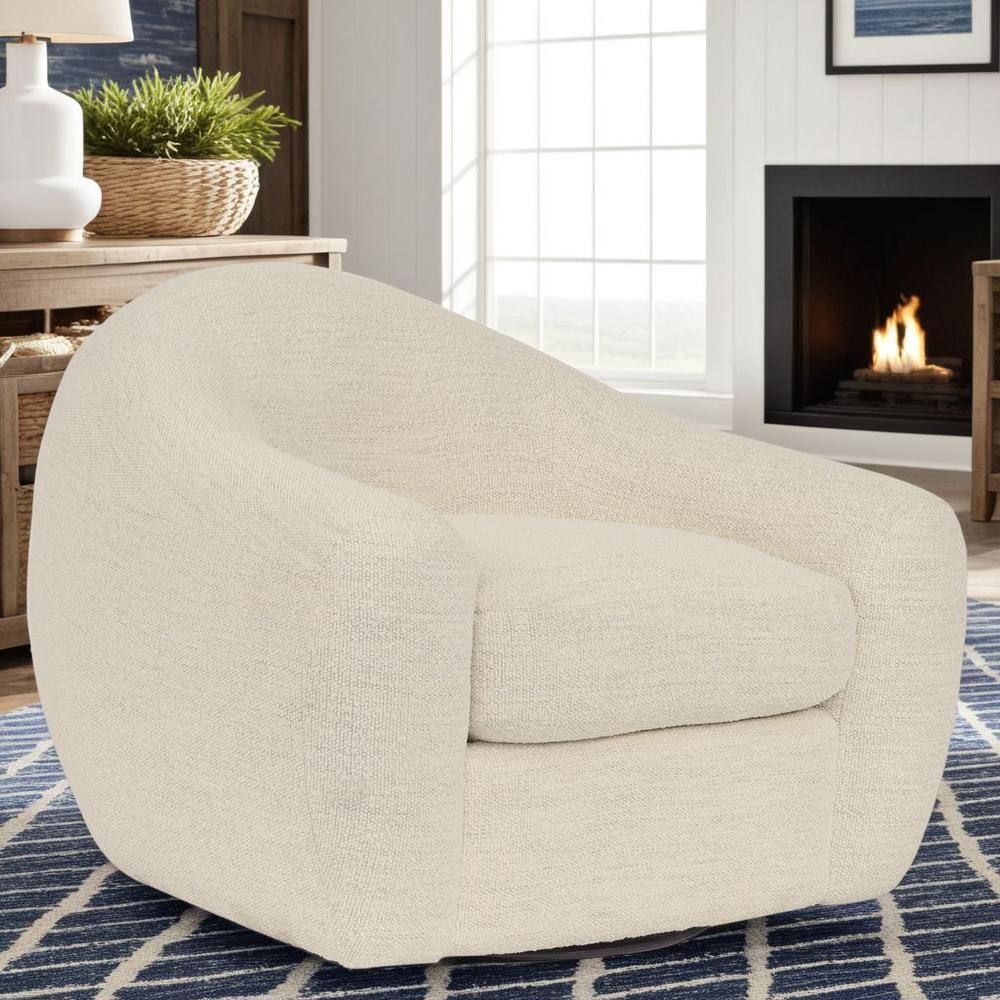 Pearl White Swivel Barrel Accent Chair with Wood Base