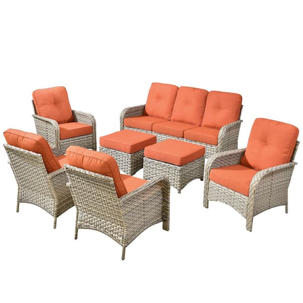 Beverly Gray 7-Piece Wicker Outdoor Patio Conversation Sofa Seating Set with Ottomans and Orange Red Cushions