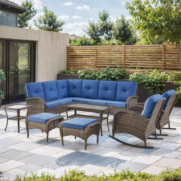 SleekArm 8-Piece Brown Wicker Outdoor Sectional Set with Olefin Blue Cushions and L-Shaped Sofa/Rocking Chairs