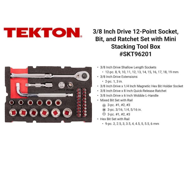 3/8 in. Drive 12-Point Socket, Bit, and Ratchet Set with Mini Stacking Tool Box (35-Piece)