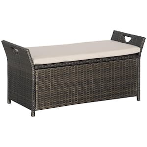 27 Gal. Patio Wicker Cream White Outdoor Storage Bench, Two-In-One Large Capacity Footstool Rectangle Basket Box