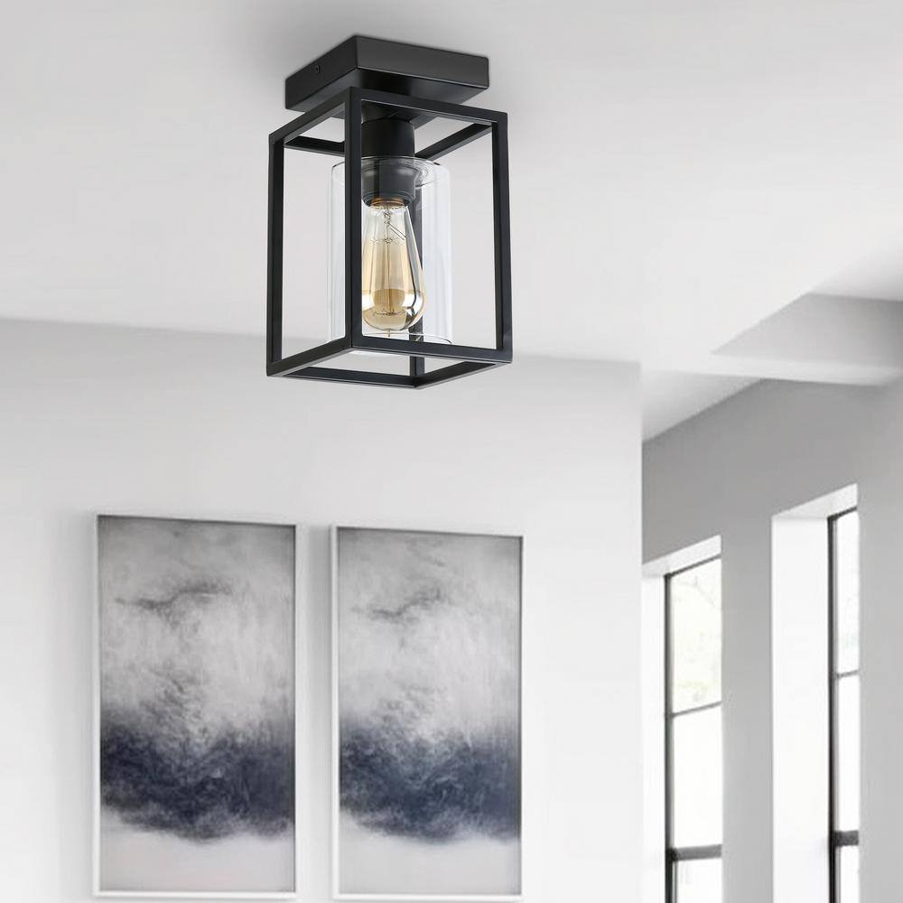 Black Metal Frame Semi-Flush Mount Ceiling Light with Clear Glass Shade