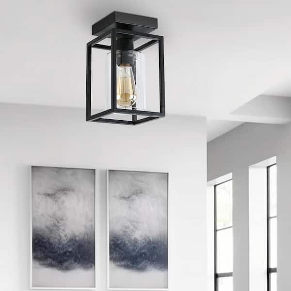 Briignite 5.51 in. 1-Light Black Retro Semi-Flush Mount with Glass Shade for Hallways Bedrooms and No Bulb Included (1-Pack)