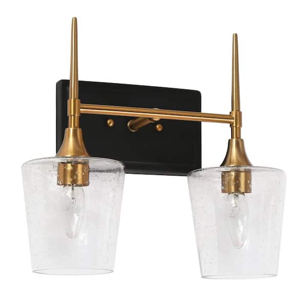 Modern Farmhouse 13.5 in. 2-Light Black Bathroom Vanity Light, Plated Brass Wall Sconce, Wine Seeded Glass Bath Lighting