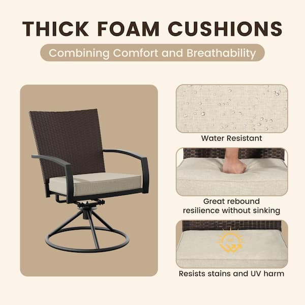 Outdoor Rattan Metal Swivel Dining Chair with Beige Cushion (2-Pack)