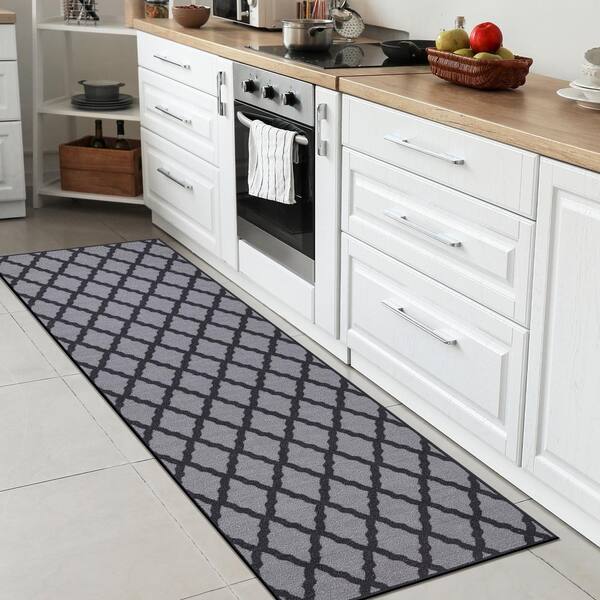 NEWLAKE 2 Piece Microfiber Kitchen Rug Set Moroccan Trellis Non-Slip Soft Bathroom Rugs (Black, 17 inchx48 inch+17 inchx24 inch), Size: 17x48+17x24