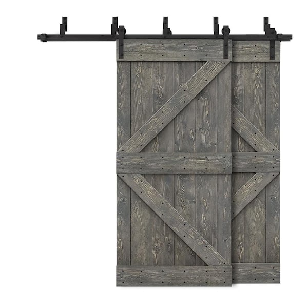 CALHOME 64 in. x 84 in. K Bypass Weather Gray Stained DIY Solid Wood Interior Double Sliding Barn Door with Hardware Kit