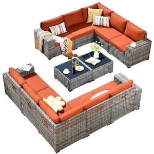 Crater Gray 12-Piece Wicker Outdoor Wide-Plus Arm Patio Conversation Sofa Seating Set with Orange Red Cushions