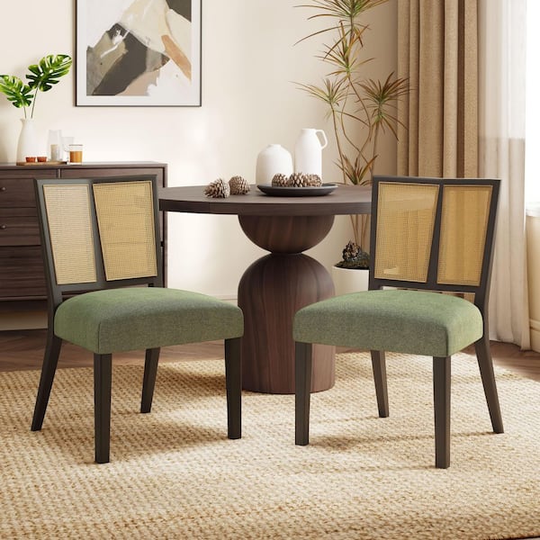 CHRISTOPHER KNIGHT HOME Sinclair Modern Upholstered Dining Chairs with Cane Webbing, Rubberwood, Dark Brown plus Green(Set of 2)