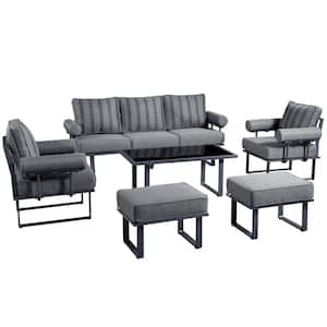 Havasu Dark Gray 6-Piece Aluminum Outdoor Patio Conversation Sofa Set with Striped Dark Gray Cushions