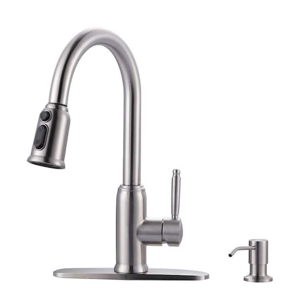 Elegant Stainless Steel Single Handle Pull Down Sprayer Kitchen Faucet with Soap Dispenser in Brushed Nickel