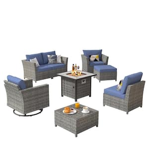 Bexley Gray 8-Piece Wicker Fire Pit Patio Conversation Seating Set with Denim Blue Cushions and Swivel Chairs