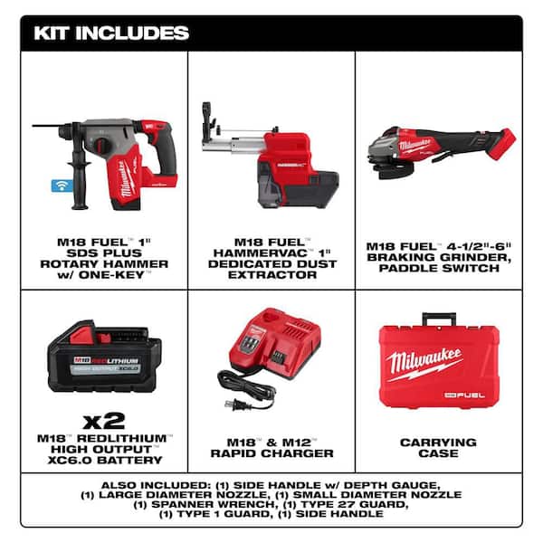 M18 FUEL ONE-KEY 18V Lith-Ion Cordless 1 in. SDS-Plus Rotary Hammer W/Dust Extractor Kit & 4-1/2 in. /6 in. Grinder