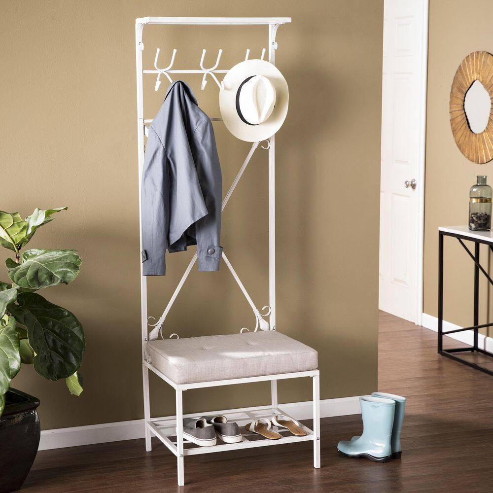 Traditional Entryway Hall Tree Bench with Plush Seat - Distressed White