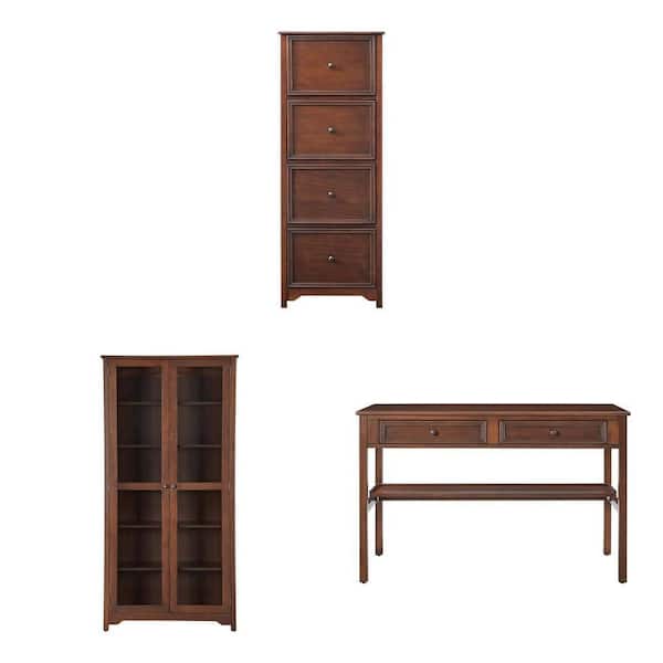 Bradstone Walnut Brown Wood Office Set: 4 Drawer File Cabinet, 72 in Bookcase, Writing Desk