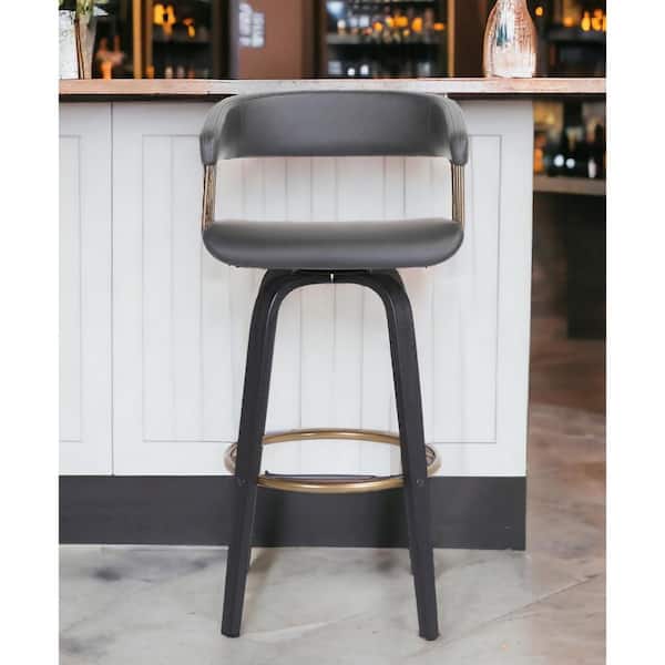 HomeRoots 30.5 in. Black and Gray High Back Wood Bar Stool Faux Leather Seat