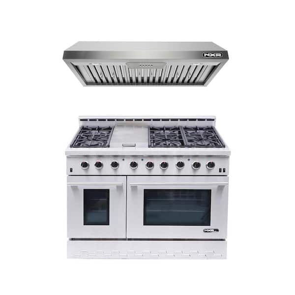 NXR Entree Bundle 48 in. 7.2 cu. ft. Pro-Style Dual Fuel Range Convection Oven and Range Hood in Stainless Steel and Black