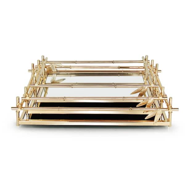 12 in. Bamboo Style Rectangle Metal Mirror Gold Decorative Tray