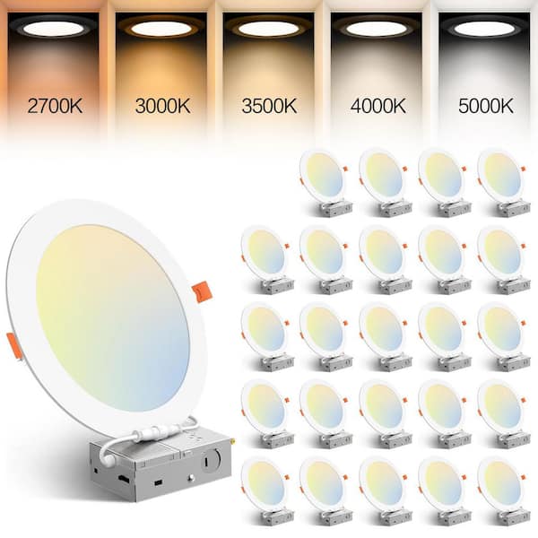 24 Pack 8 Inch 5CCT Ultra-Thin Integrated LED Recessed Ceiling Light with Junction Box, 1550LM, Dimmable Downlight，18W