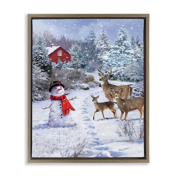 Stupell Industries Reindeer and Snowman Landscape by Jason Kirk 1-Piece Floater Frame Graphic Print Nature Poster Art Print 31 in. x 25 in.