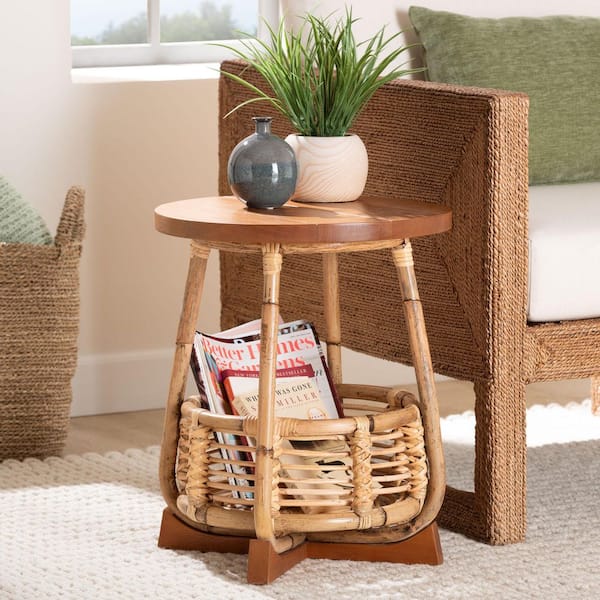 Derenik 16.1 in. Natural/Light Brown Round Mahogany Wood and Rattan End Table