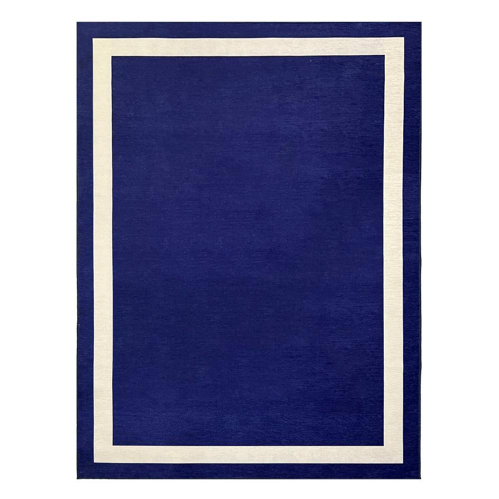 Everest Navy Creme 10 ft. x 14 ft. Machine Washable Geometric Modern Border Polyester Non-Slip Backing Area Rug price history on PriceWatchPro