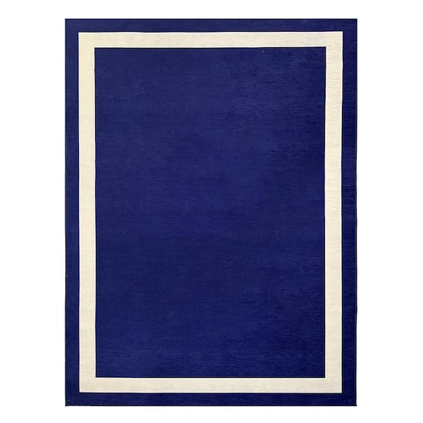 PLAYA RUG Everest Navy Creme 5 ft. 4 in. x 8 ft. Machine Washable Geometric Modern Border Polyester Non-Slip Backing Area Rug